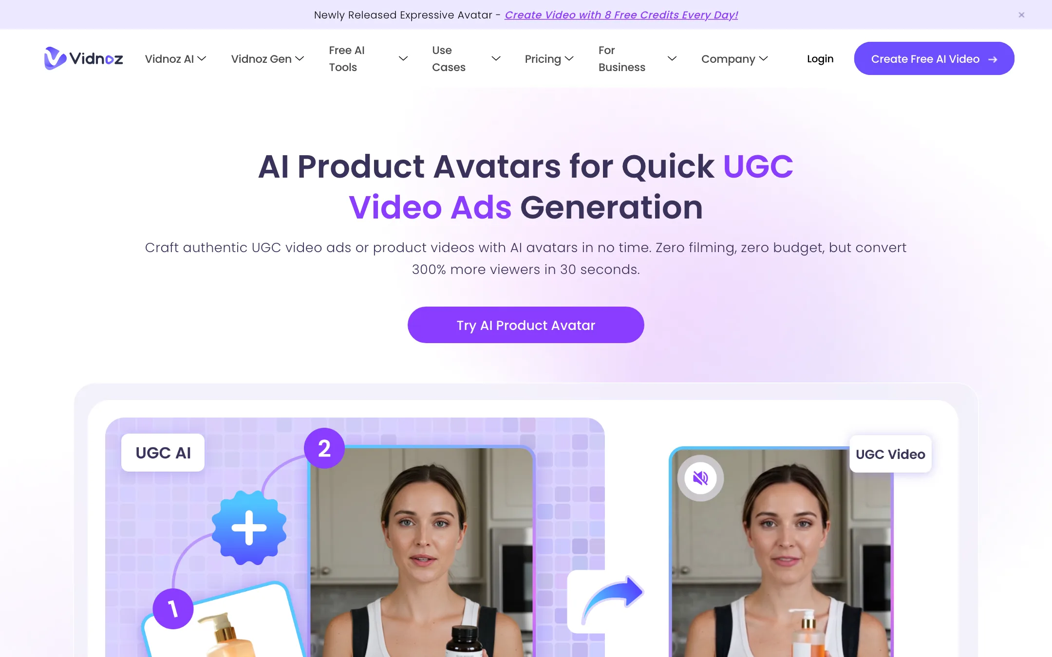Vidnoz AI product avatar page for UGC video ads
