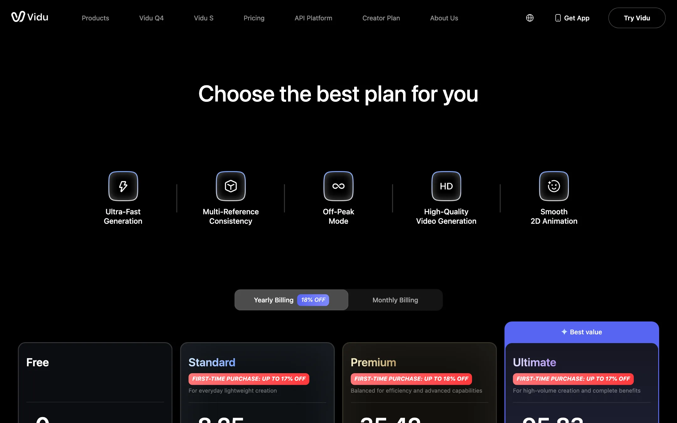 Vidu pricing page with Free, Standard, Premium and Ultimate plans