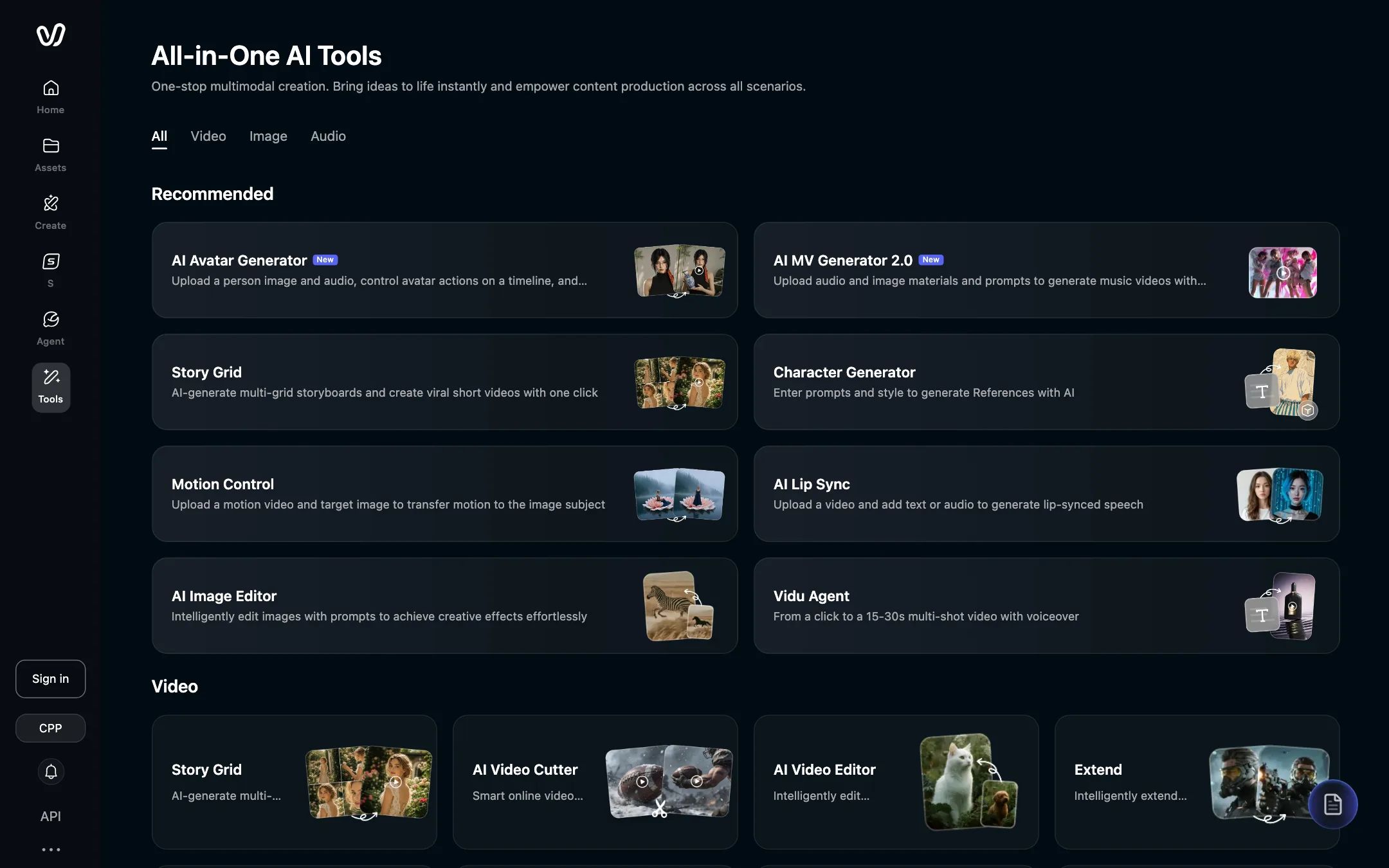 Vidu AI Tools gallery with avatar, lip sync, motion control and story grid tools