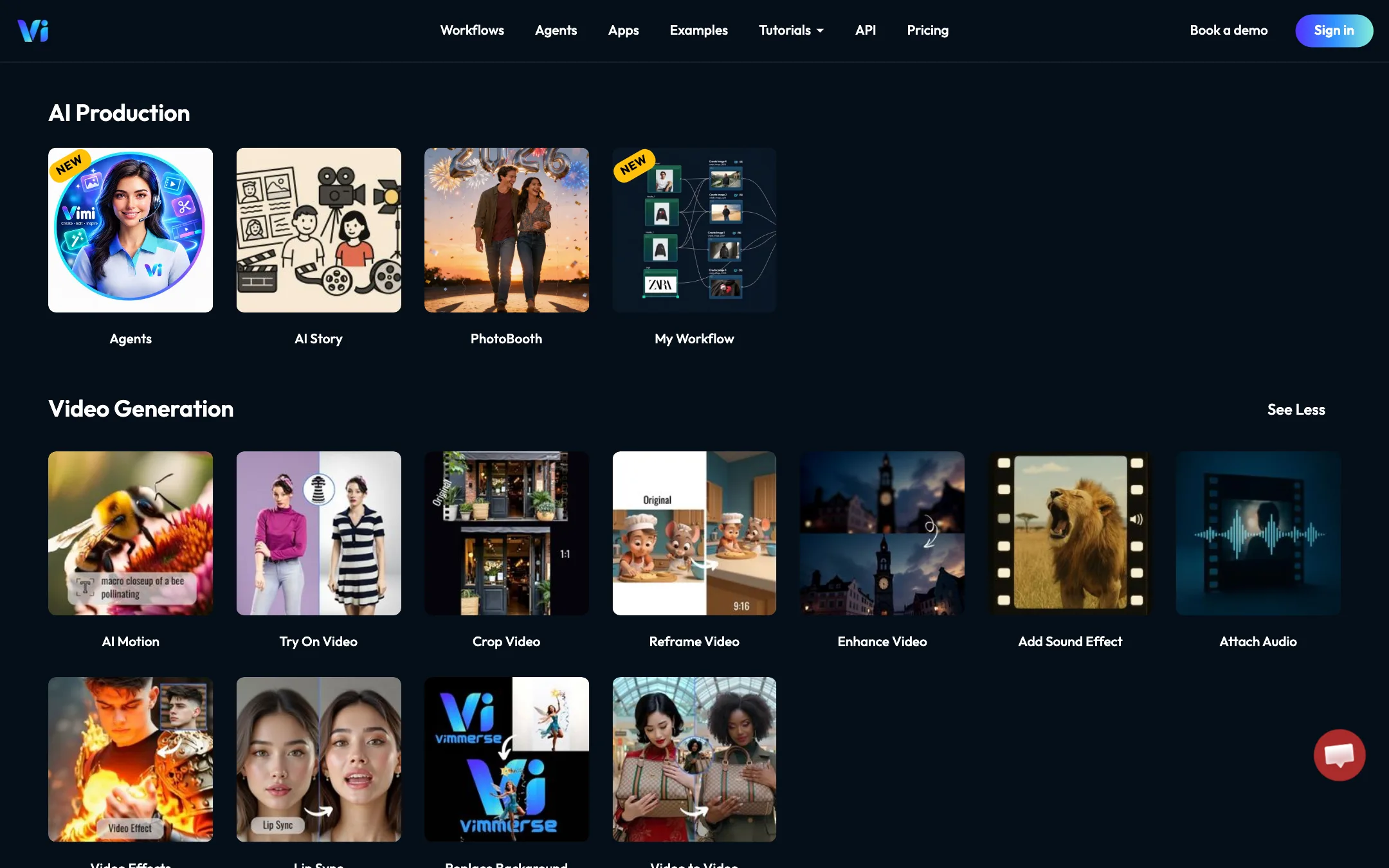 Vimmerse apps menu listing video, image and audio generation tools