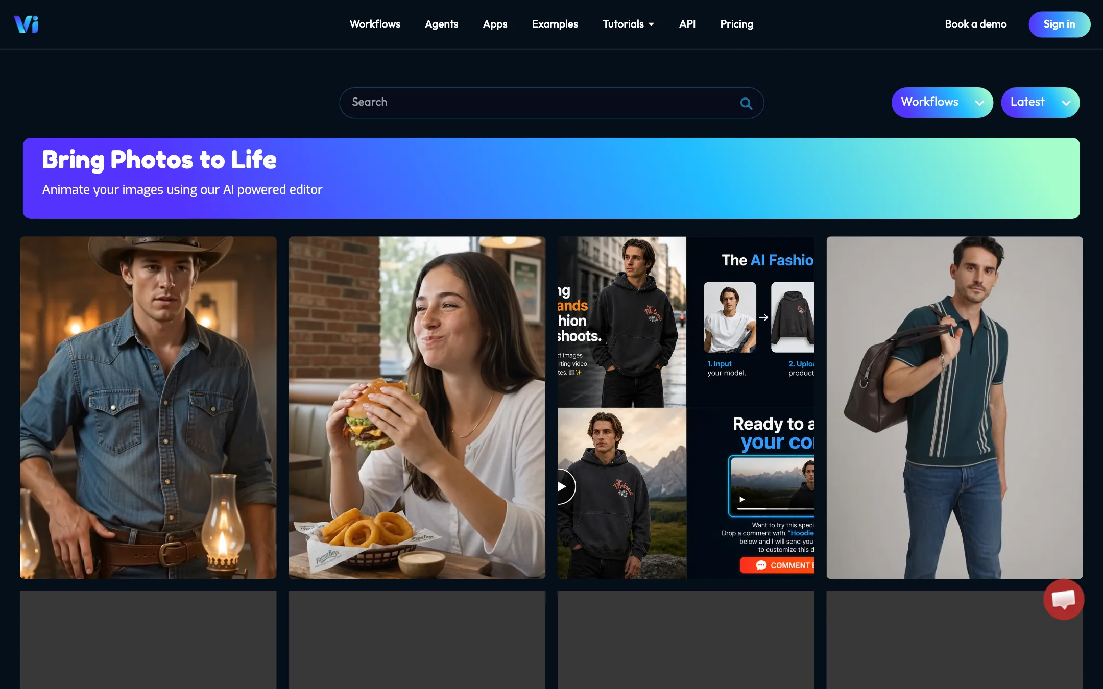 Vimmerse examples page showing community workflows ready to activate