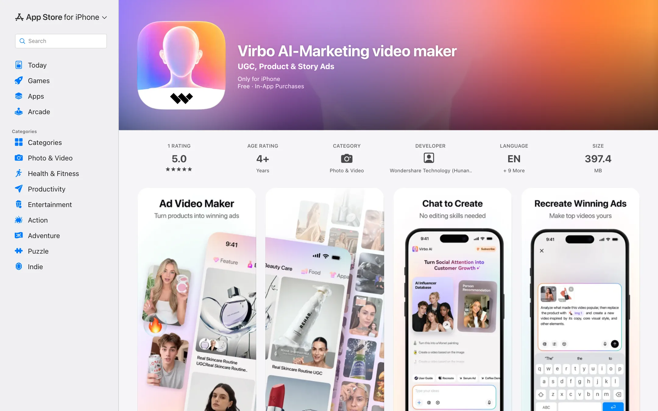 Virbo AI-Marketing video maker on the US App Store, iPhone only, free with in-app purchases