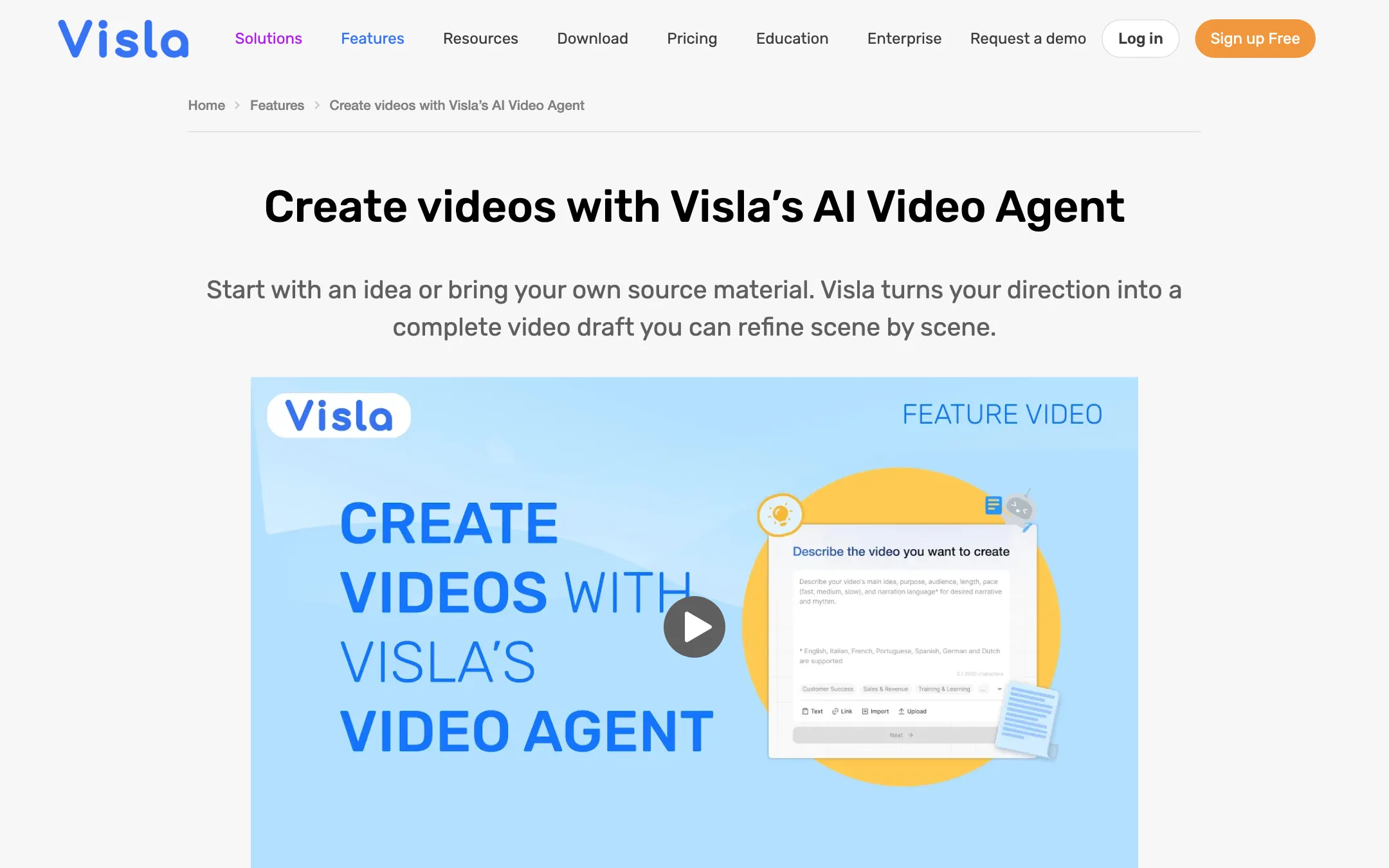 Visla AI Video Agent feature page headline