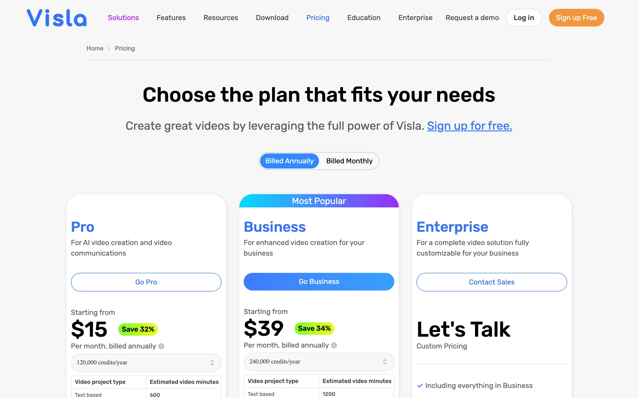 Visla pricing page with Pro and Business plans and estimated video minutes