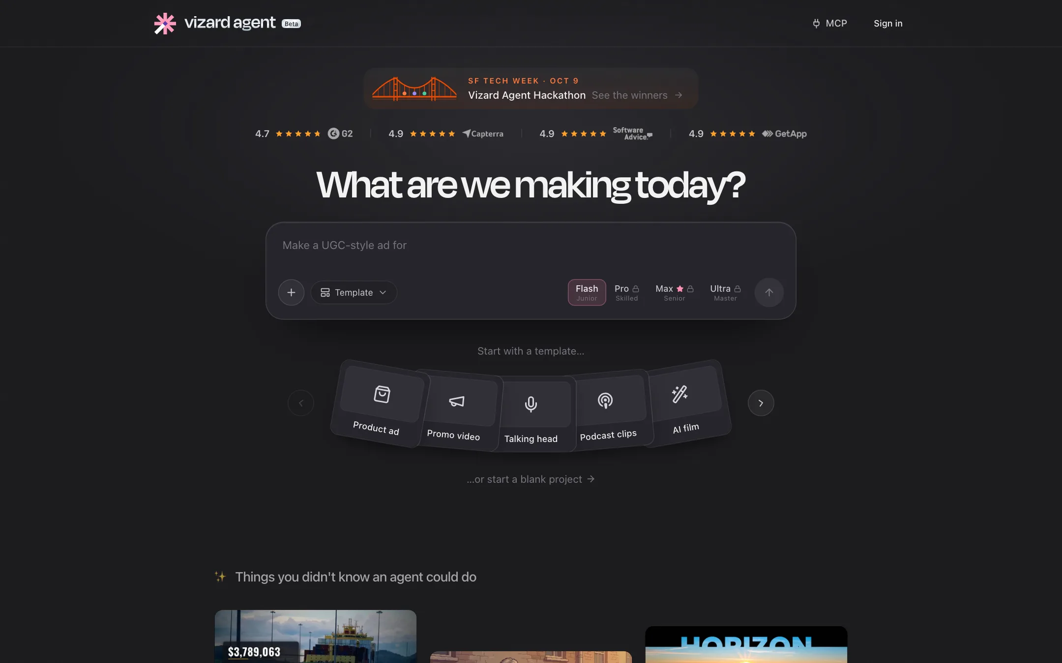 Vizard Agent start screen with a prompt box, model tiers and templates such as product ad, talking head and podcast clips
