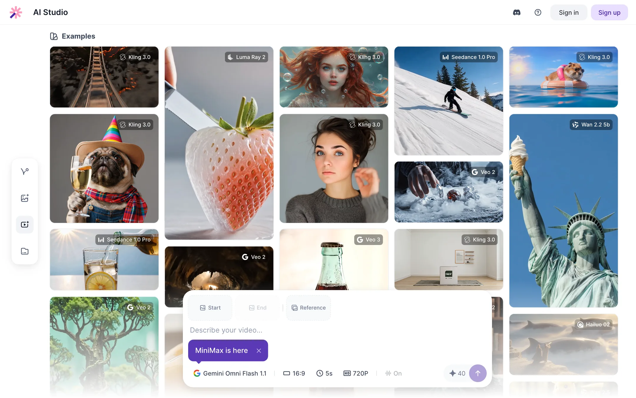 Vizard AI Studio video generator with example clips labeled Kling 3.0, Veo, Seedance and Wan