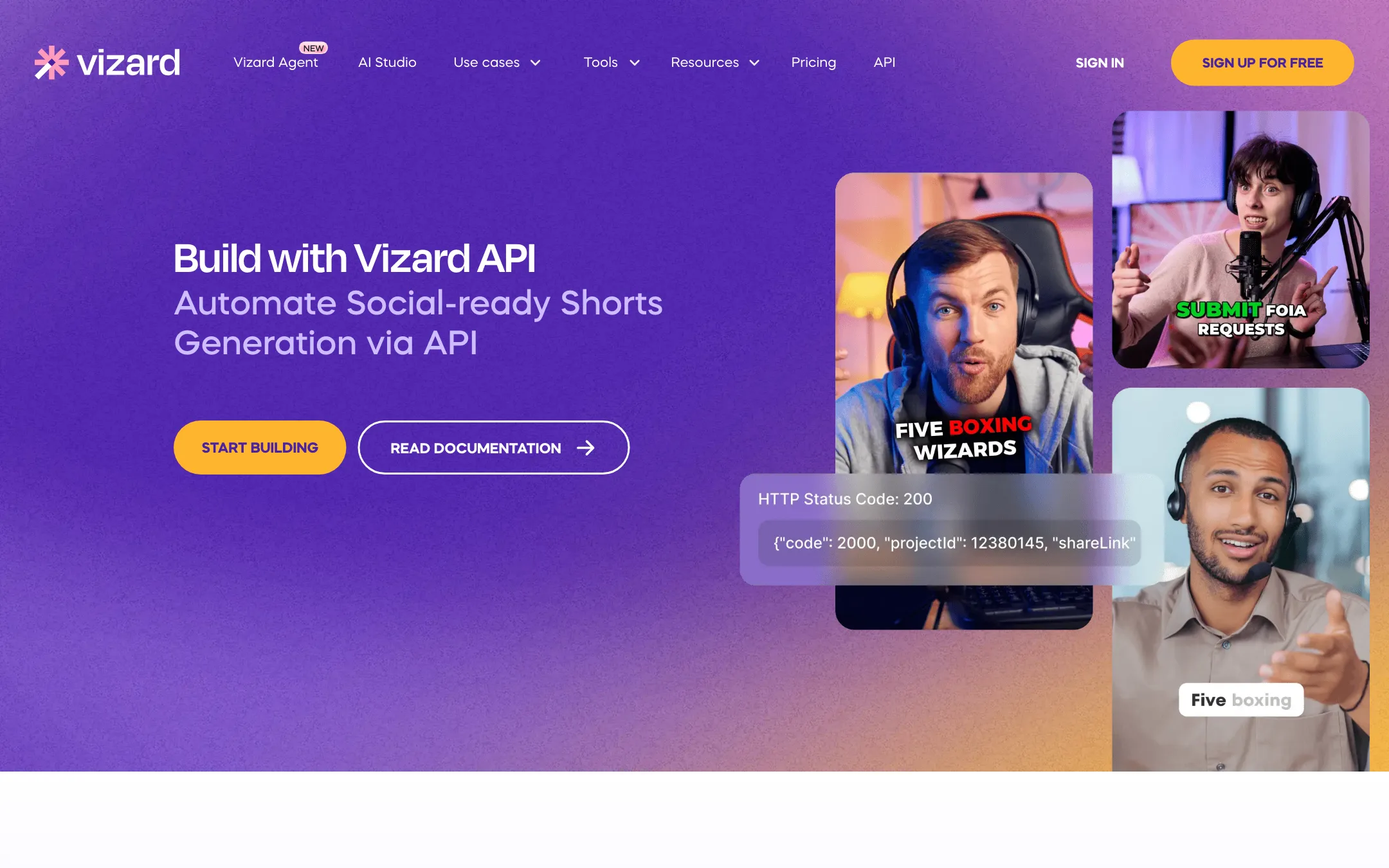 Vizard API page headline: Automate Social-ready Shorts Generation via API
