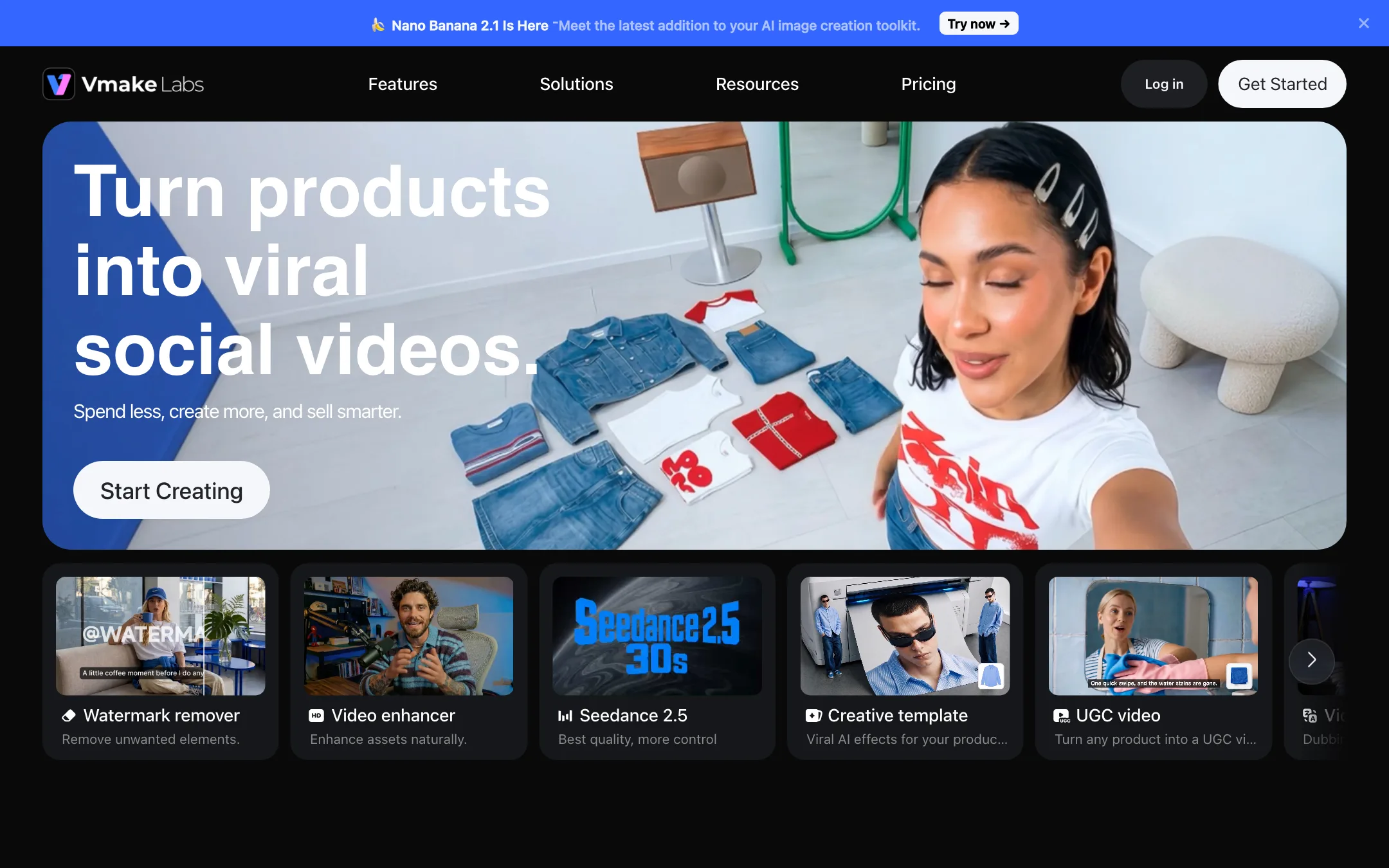 Vmake Labs homepage headline: Turn products into viral social videos