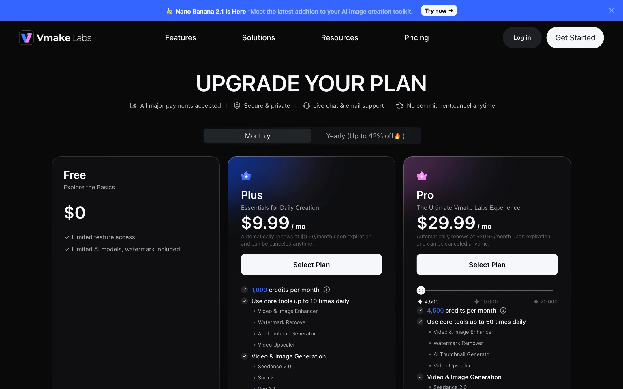 Vmake pricing page with Free, Plus and Pro plans on monthly billing