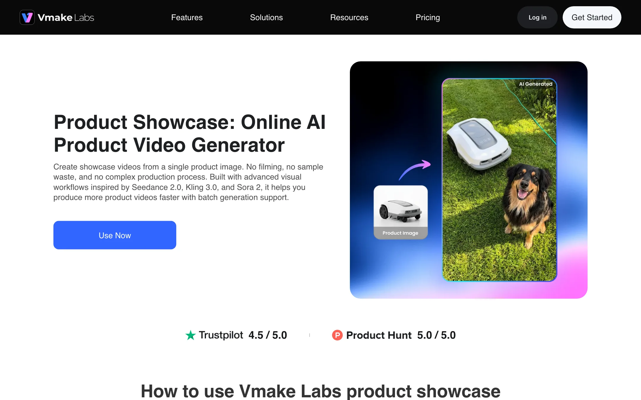 Vmake Product Showcase page turning a single product image into an AI video
