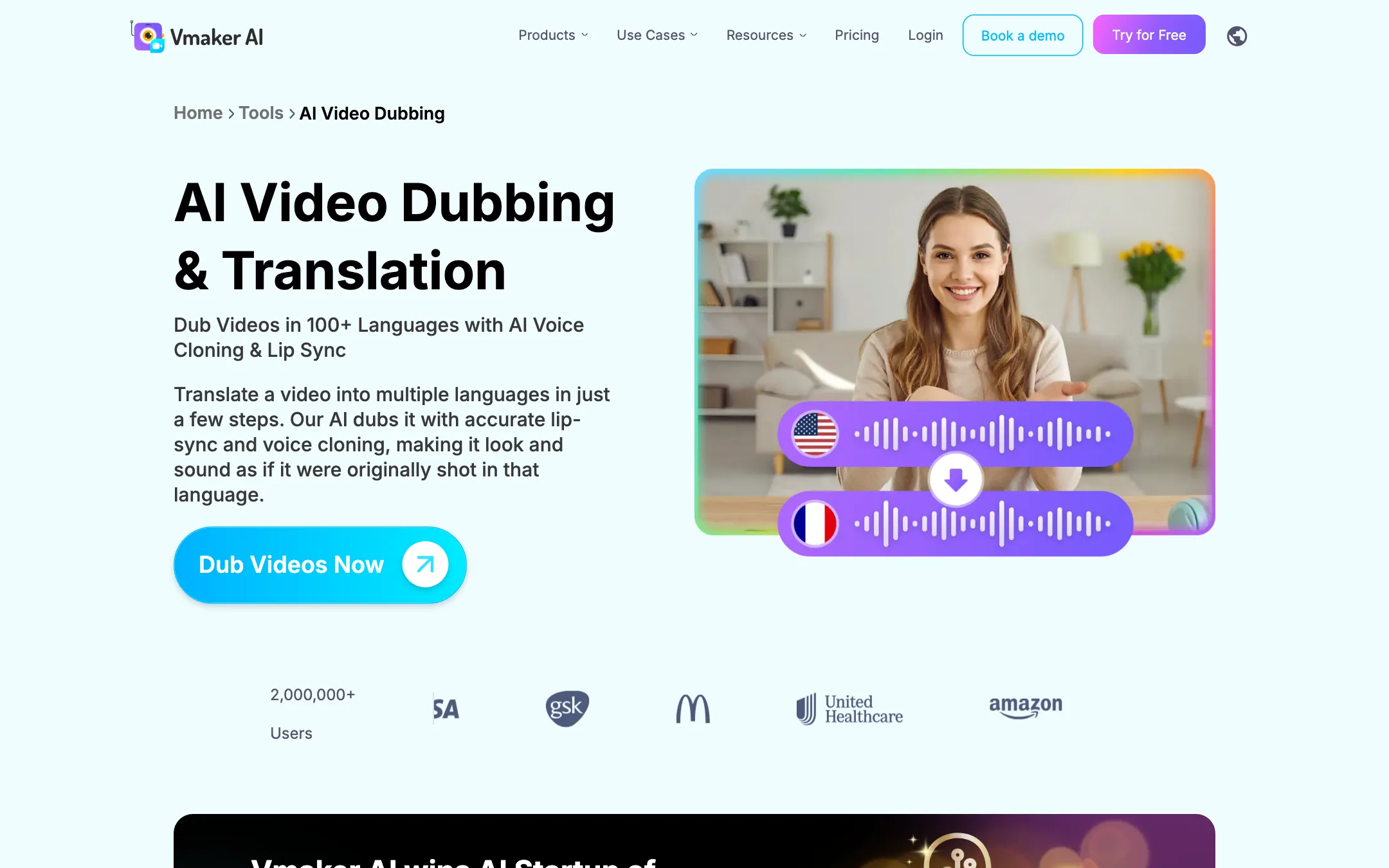Vmaker AI Video Dubbing and Translation page