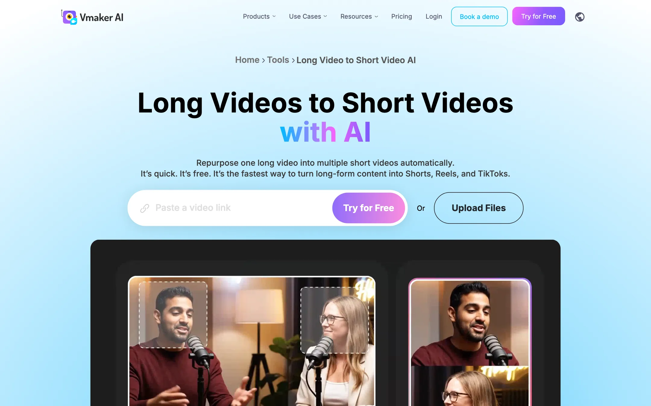Vmaker AI Long Videos to Short Videos with AI tool page