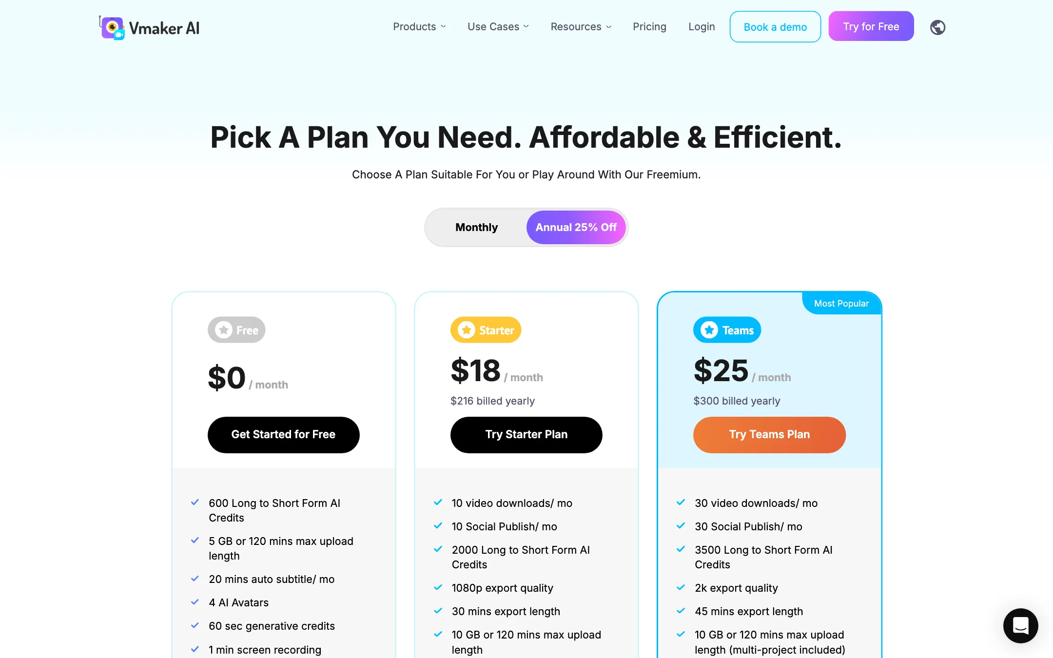 Vmaker AI pricing page with Free, Starter and Teams plans on annual billing