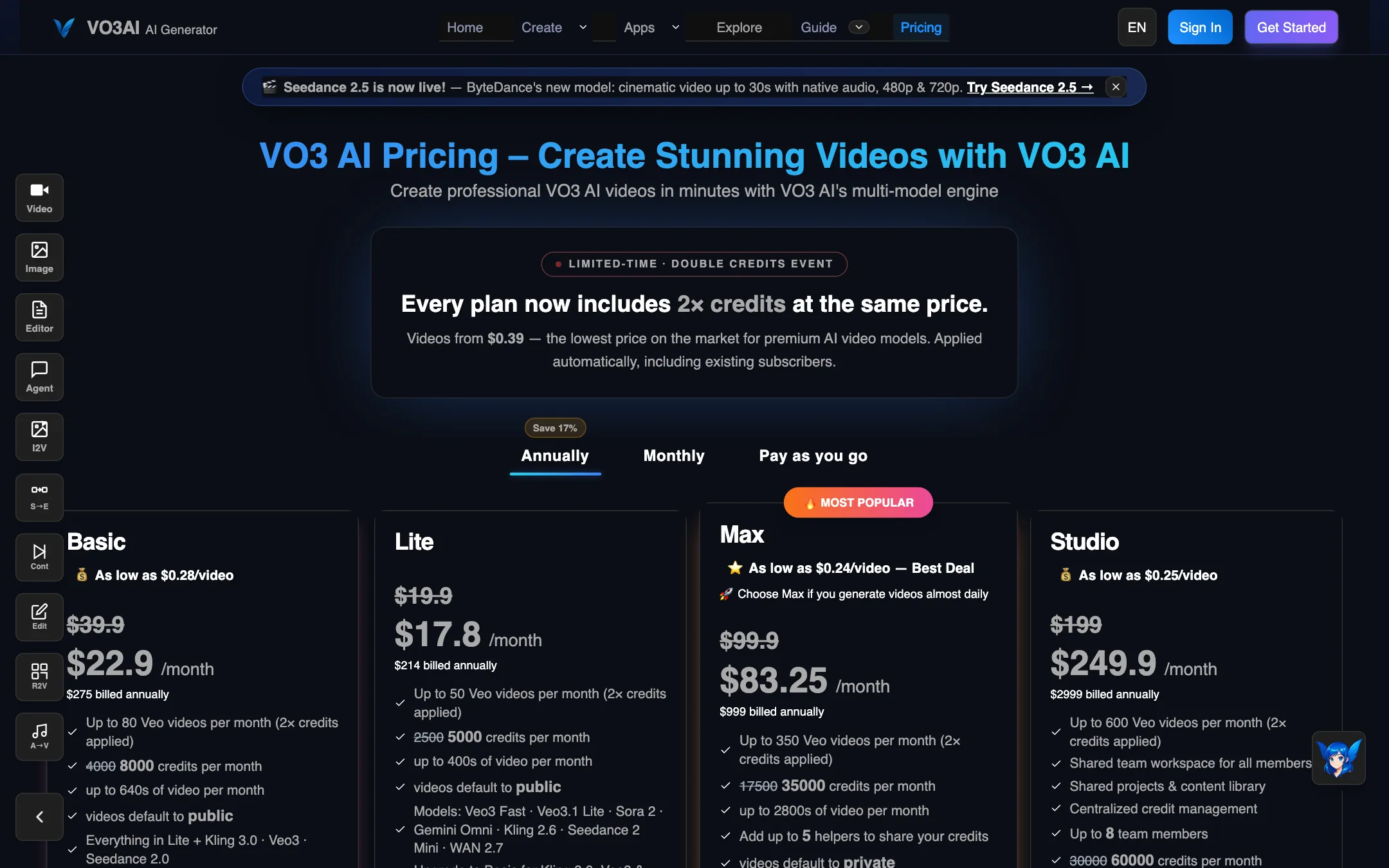 VO3 AI pricing page with Basic, Lite, Max and Studio plans on annual billing