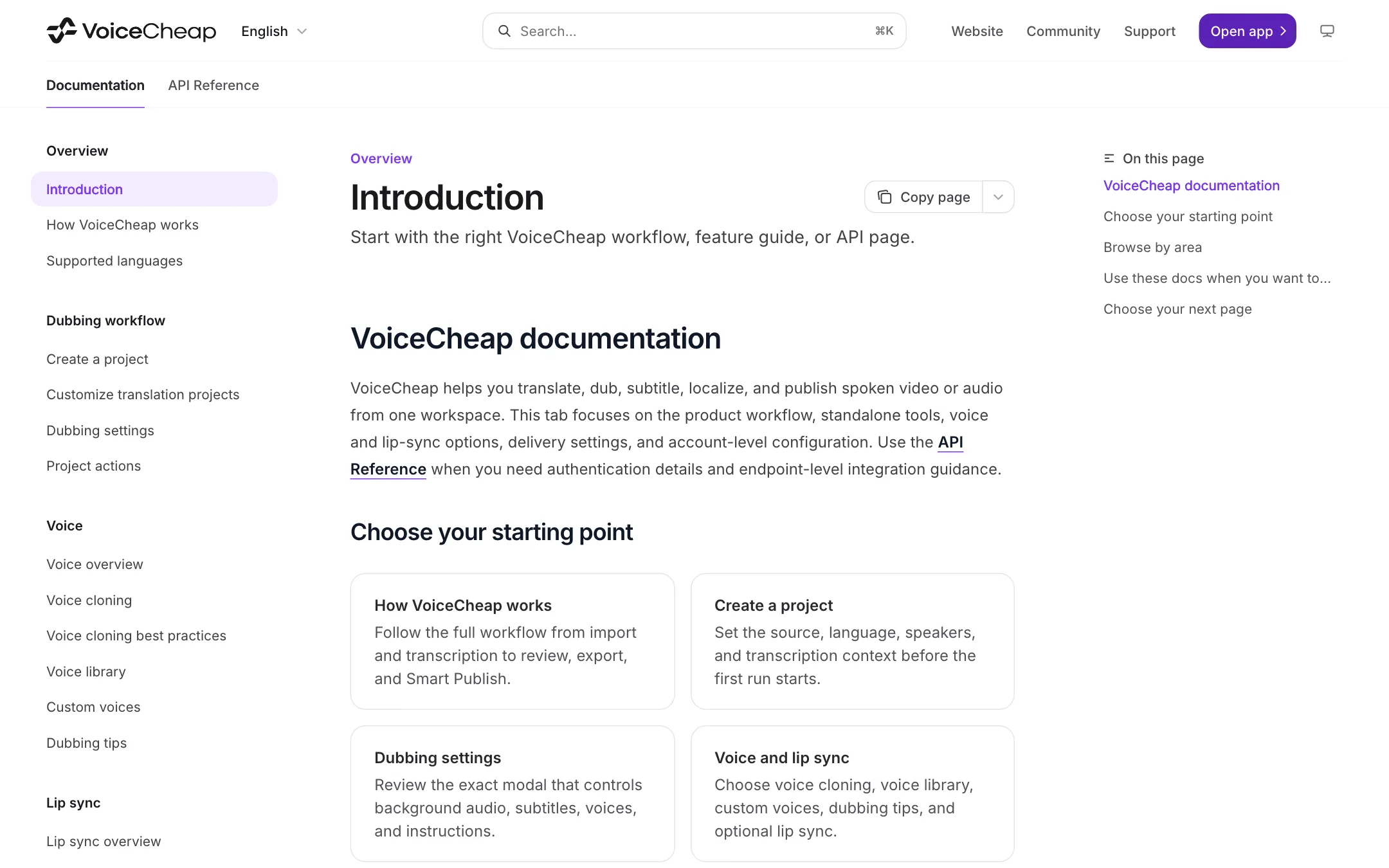 VoiceCheap documentation introduction with dubbing, voice and lip sync sections