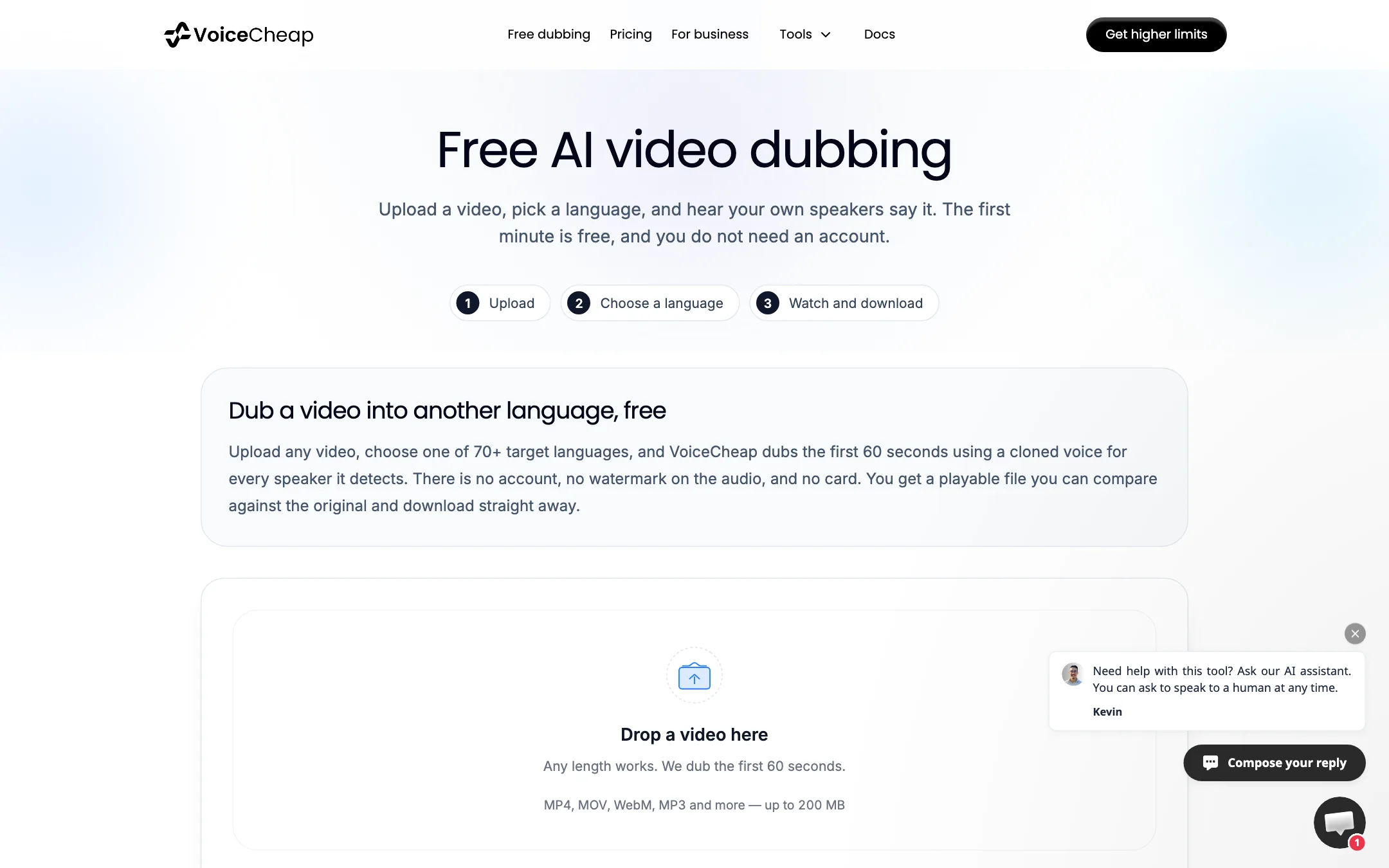 VoiceCheap free AI video dubbing page with upload box