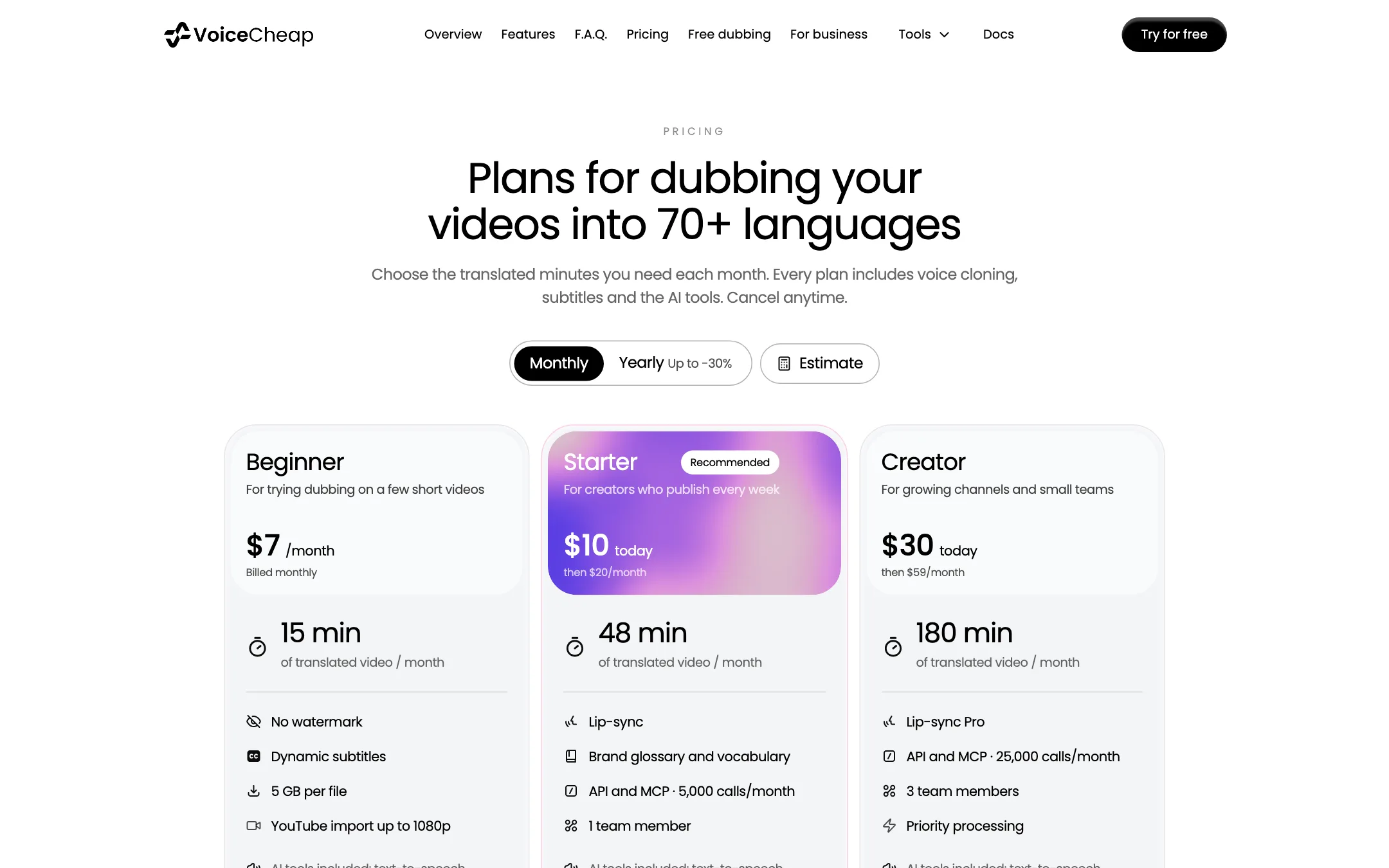 VoiceCheap pricing with Beginner, Starter and Creator plans on monthly billing
