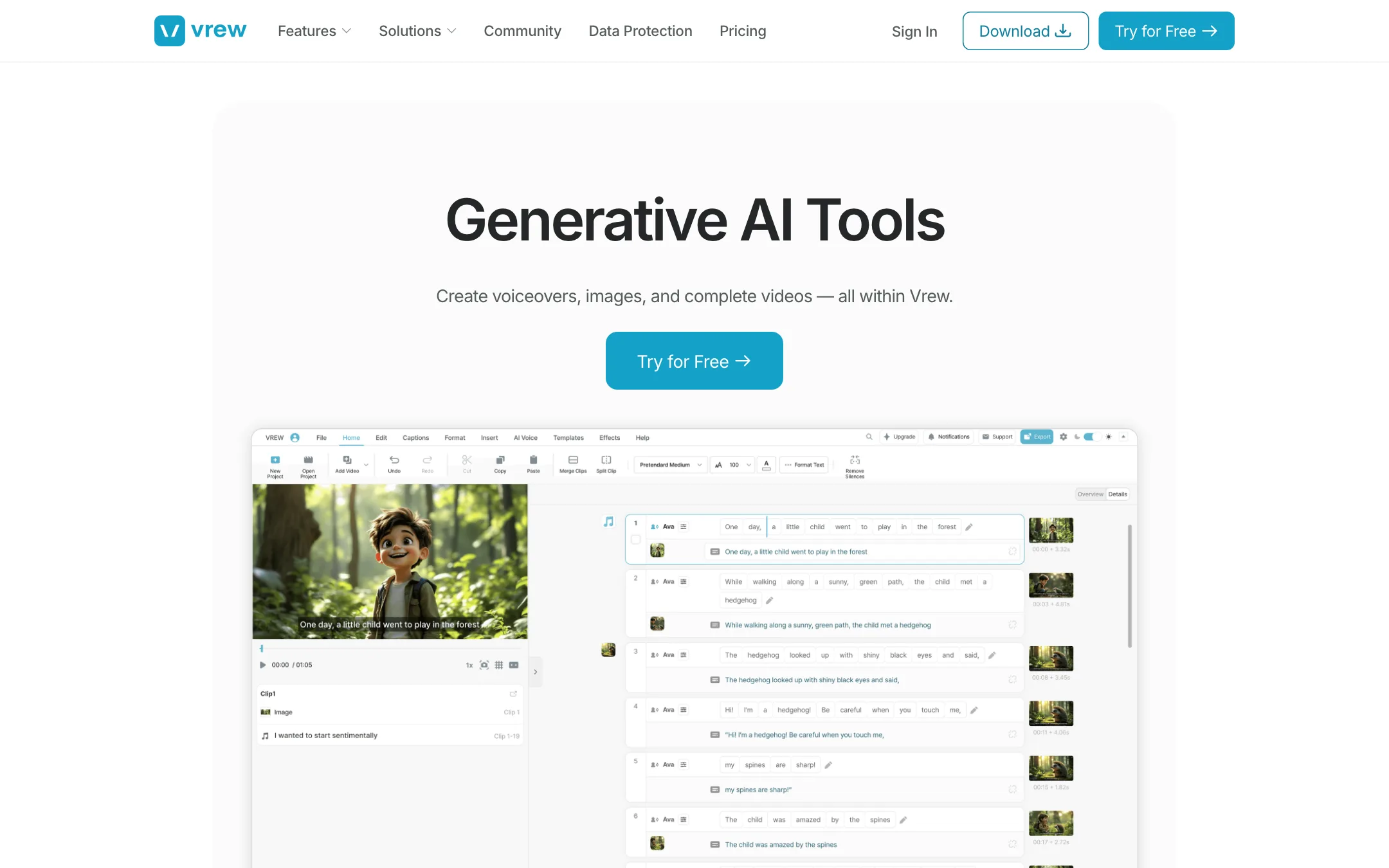 Vrew generative AI tools page listing video from text, AI voiceover and AI images