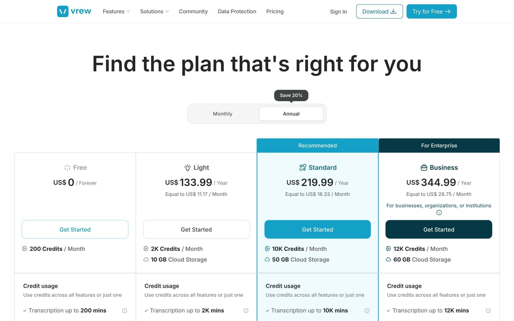 Vrew pricing page with Free, Light, Standard and Business plans