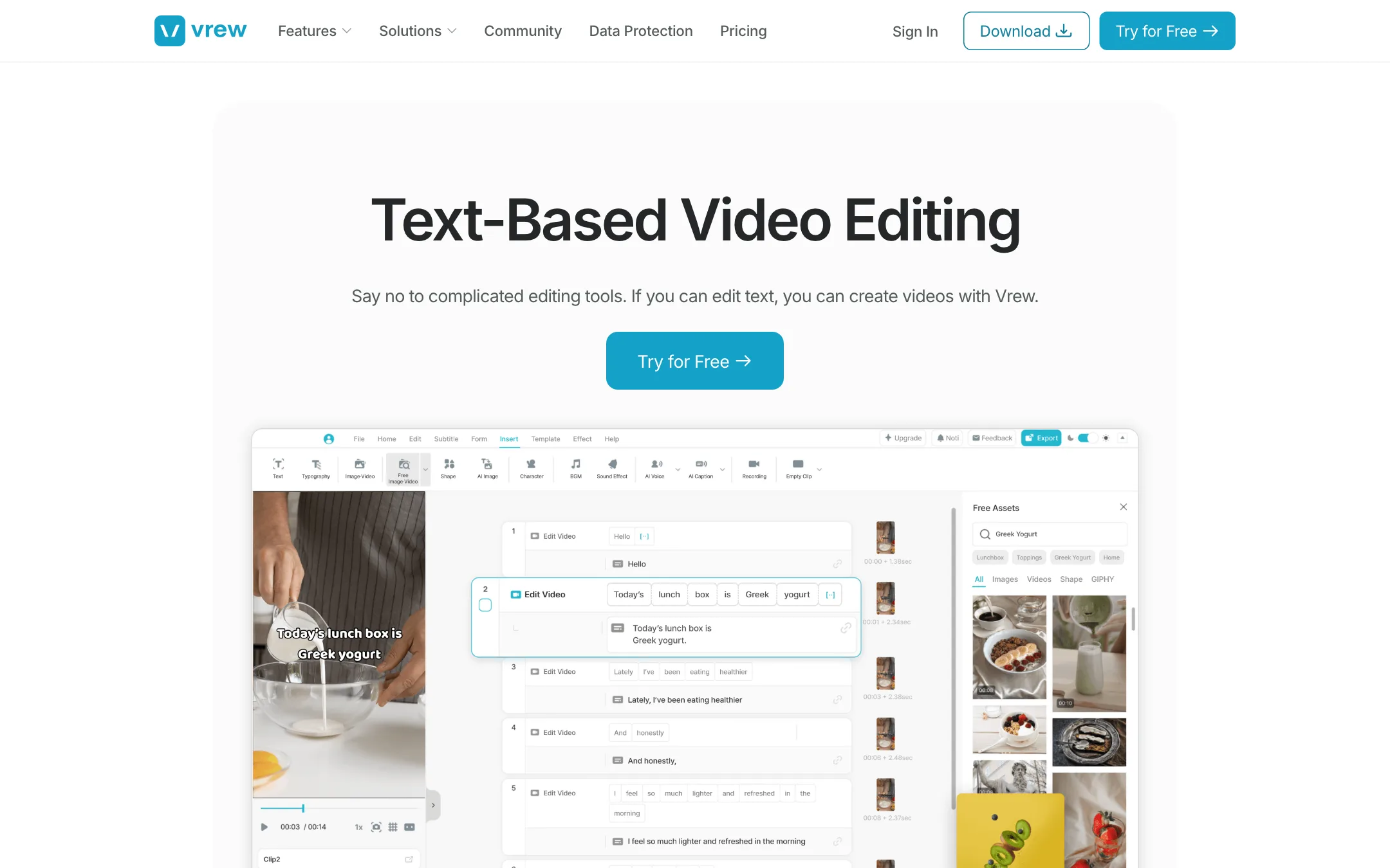 Vrew text-based video editing feature page