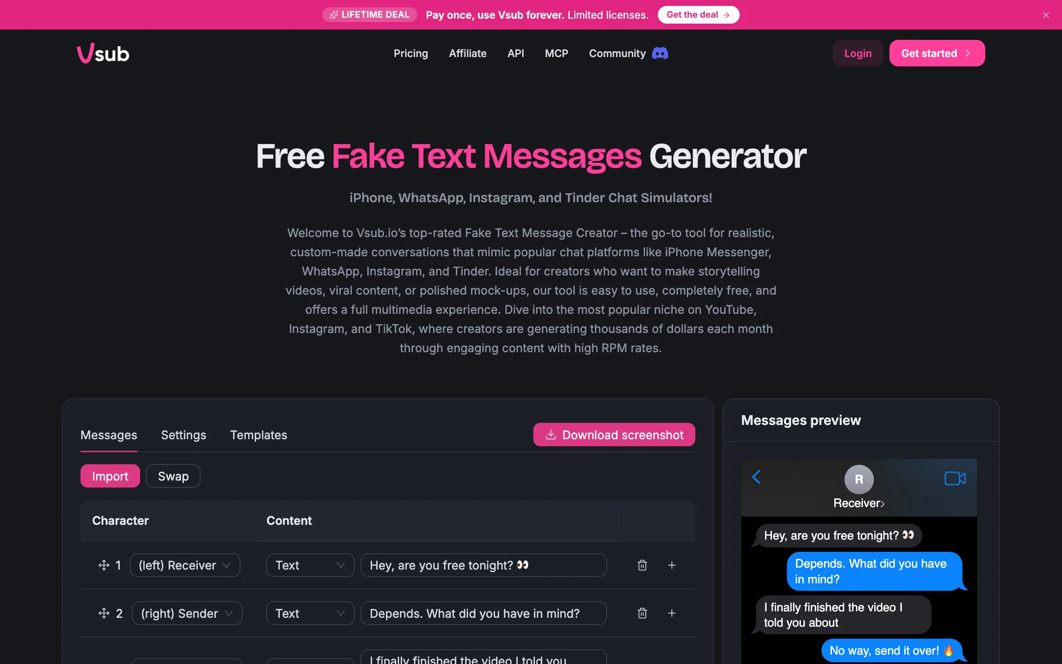 Vsub free fake text messages generator with an iPhone-style chat preview
