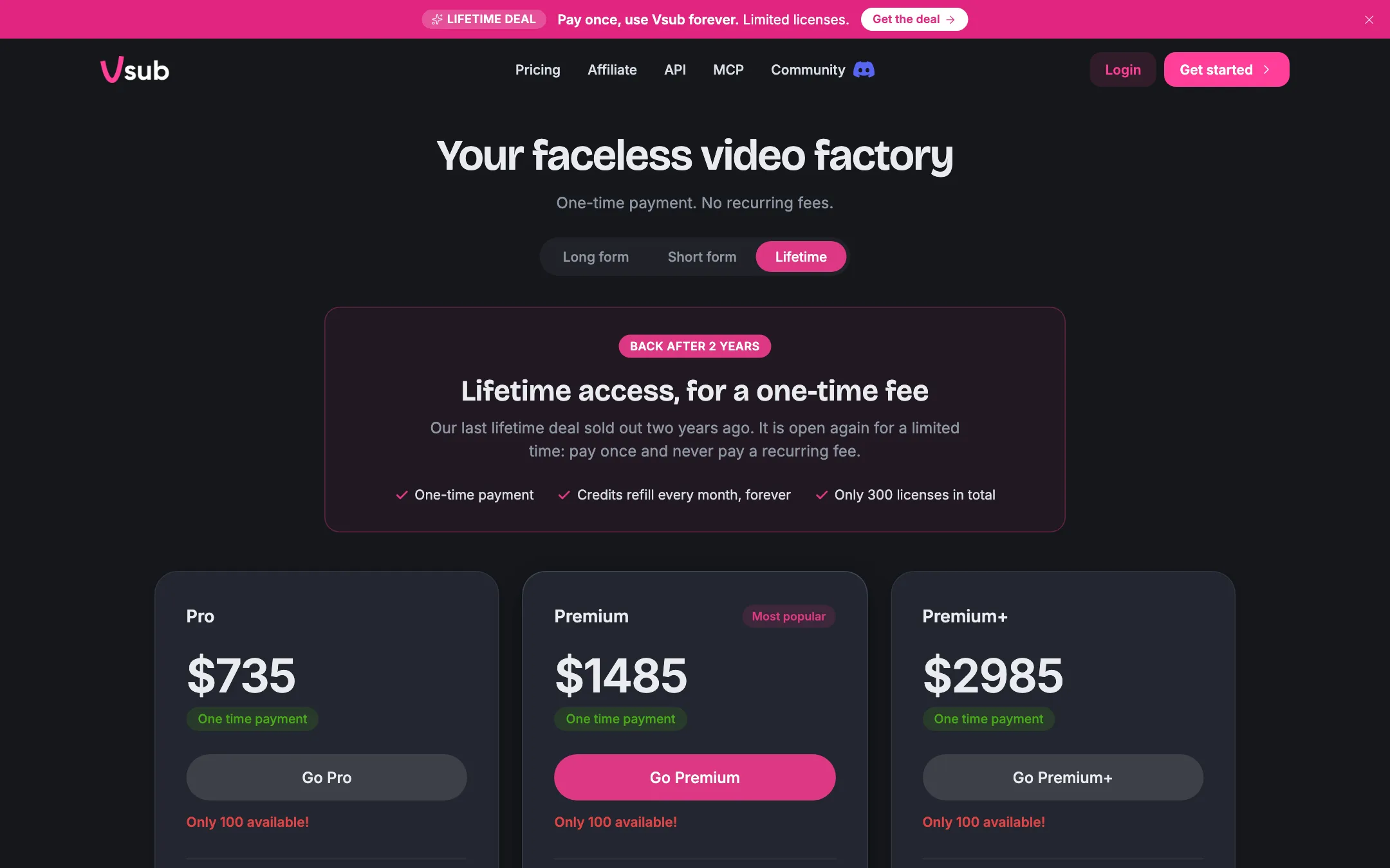 Vsub lifetime deal page with Pro, Premium and Premium+ one-time plans