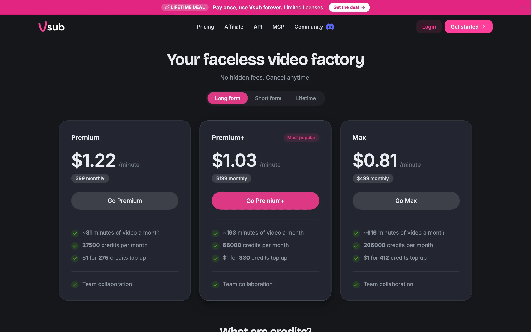 Vsub long-form pricing with Premium, Premium+ and Max plans