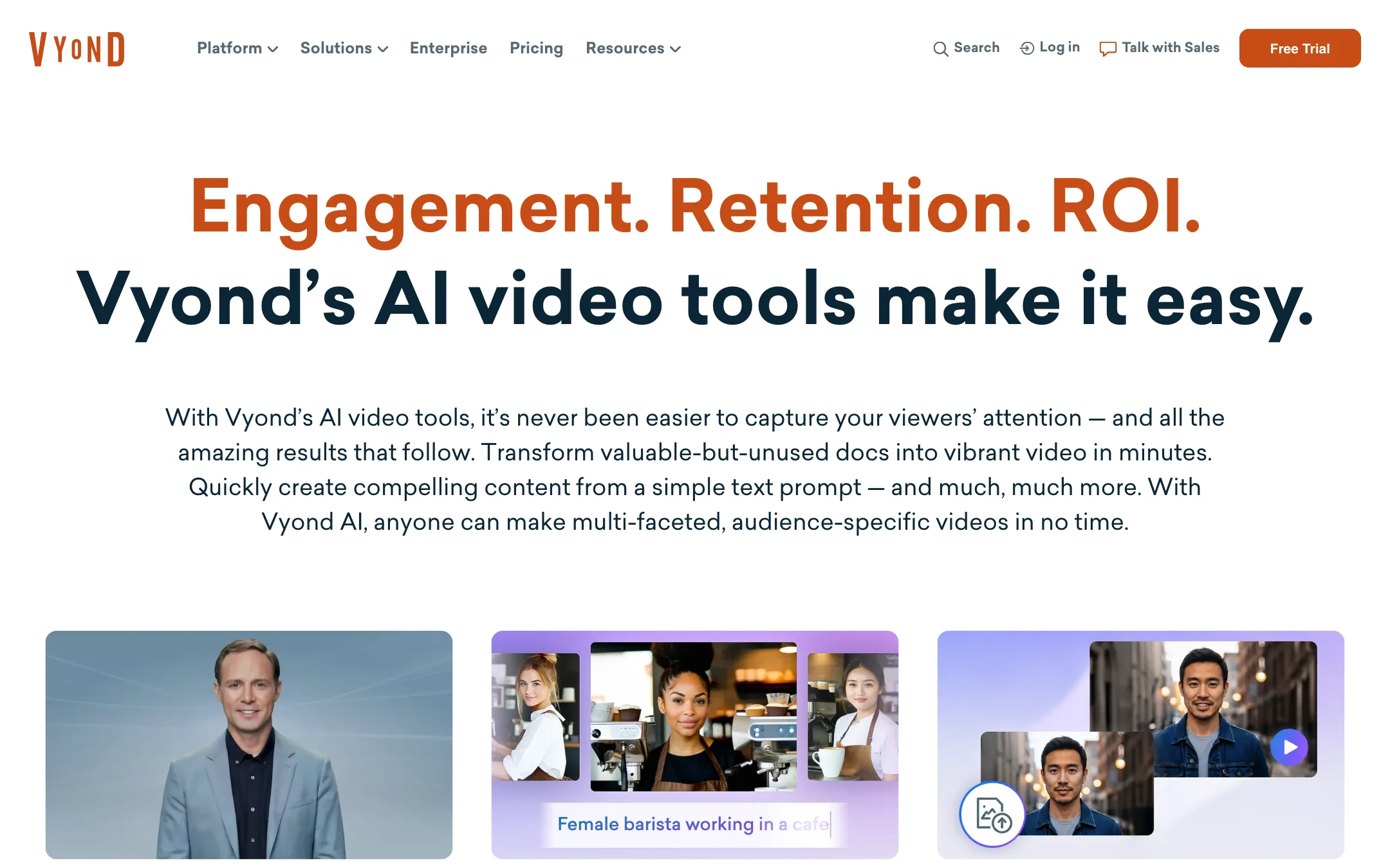 Vyond AI tools page with avatar, text-to-image and photo examples