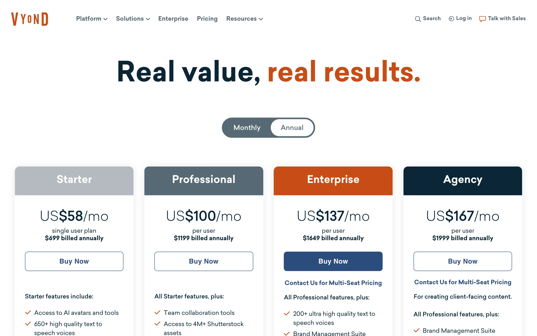 Vyond pricing with Starter, Professional, Enterprise and Agency plans billed annually