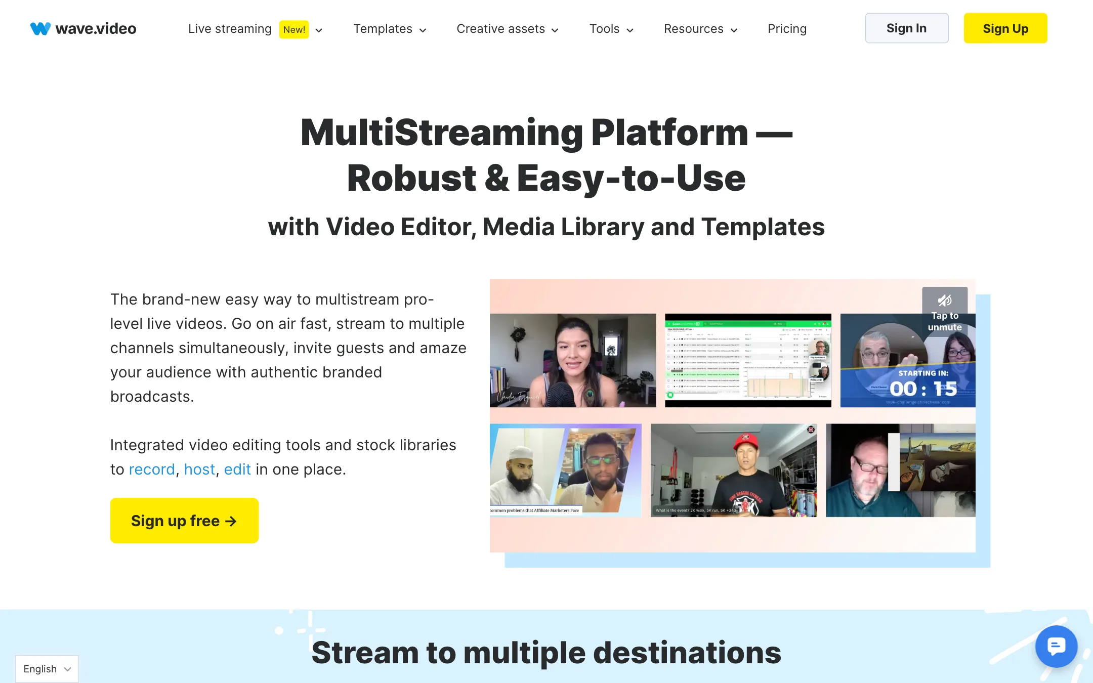 Wave.video multistreaming platform page with example live streams