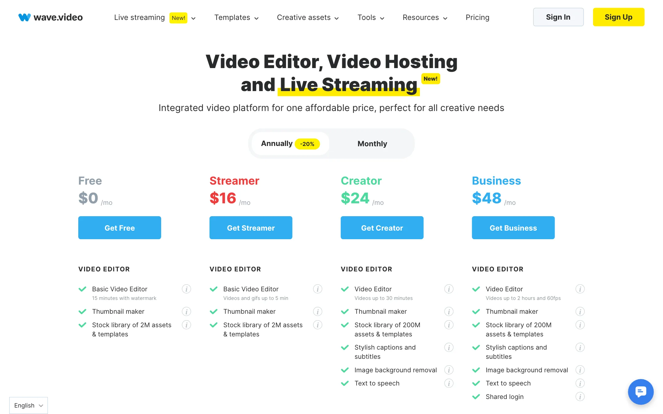 Wave.video pricing with Free, Streamer, Creator and Business plans billed annually