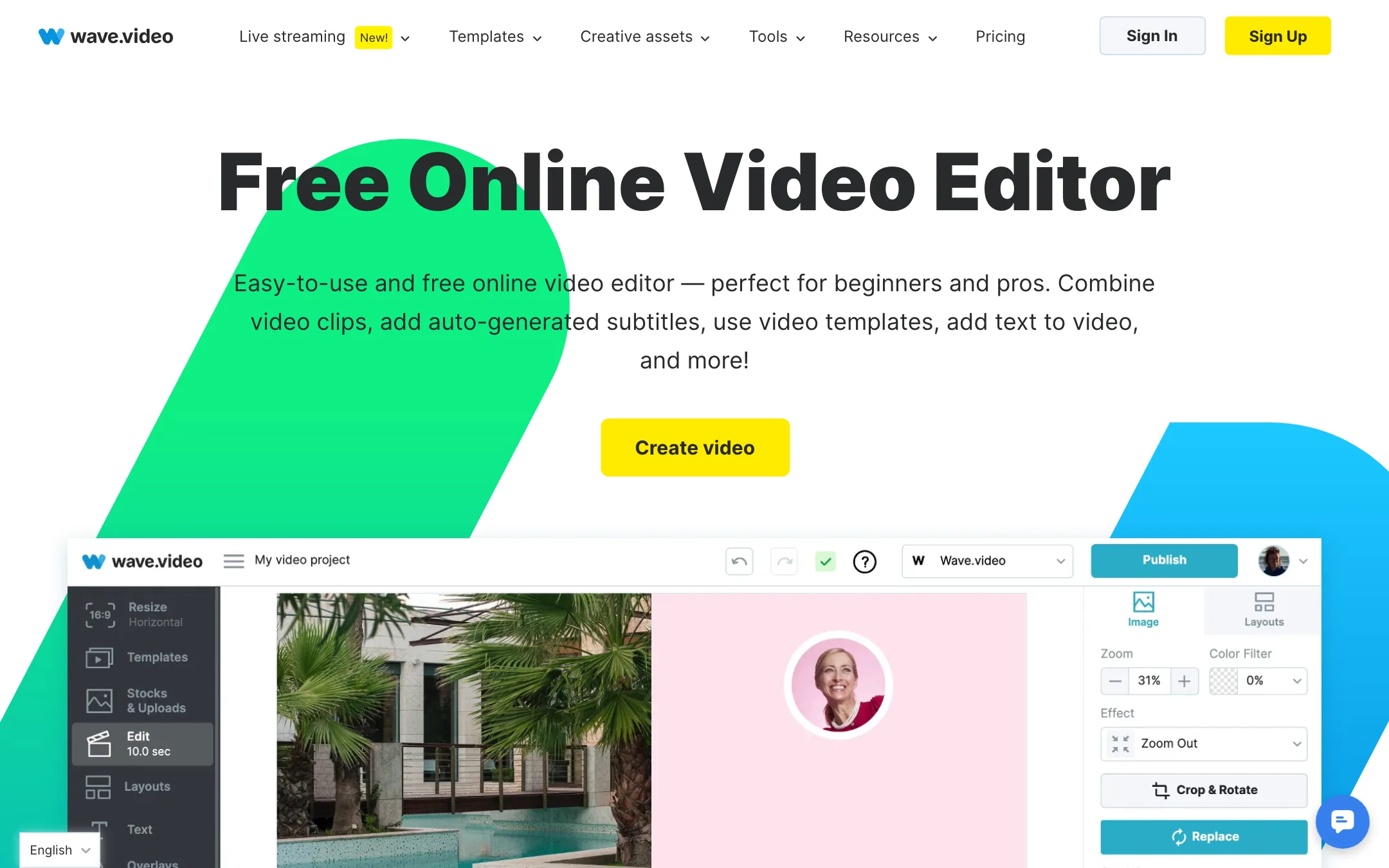Wave.video online video editor with resize, templates, stocks and layout panels