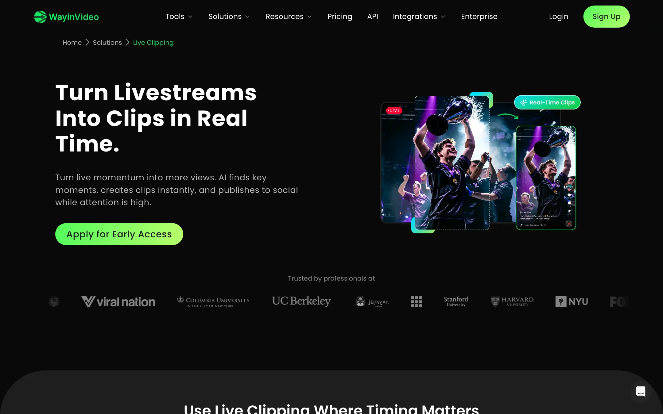 WayinVideo Live Clipping page with an early access button