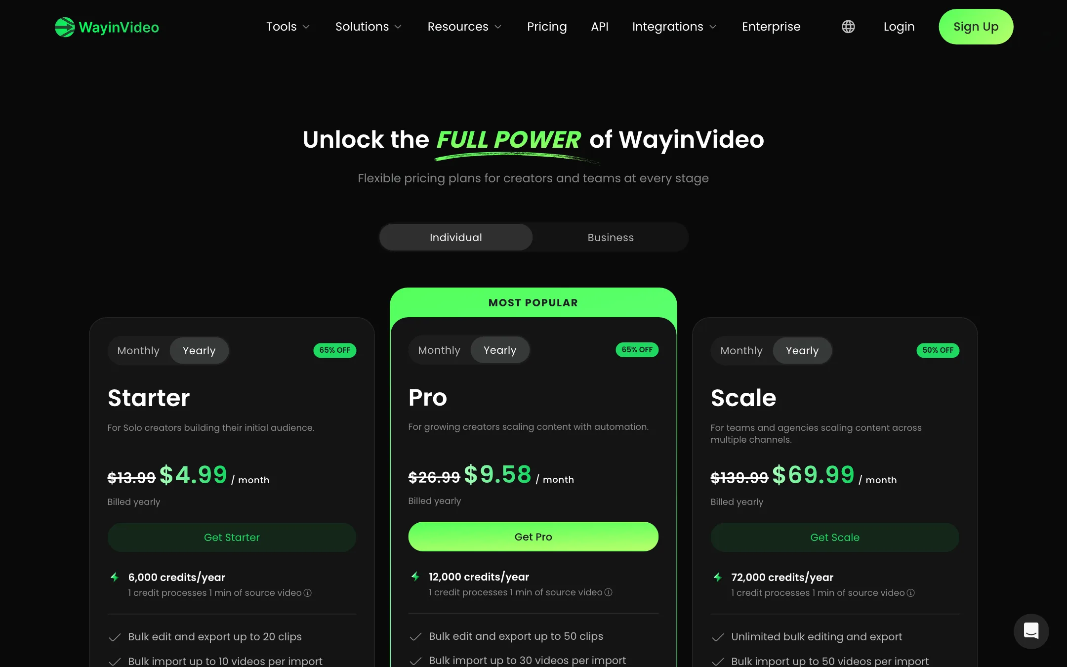WayinVideo pricing page with Starter, Pro and Scale plans