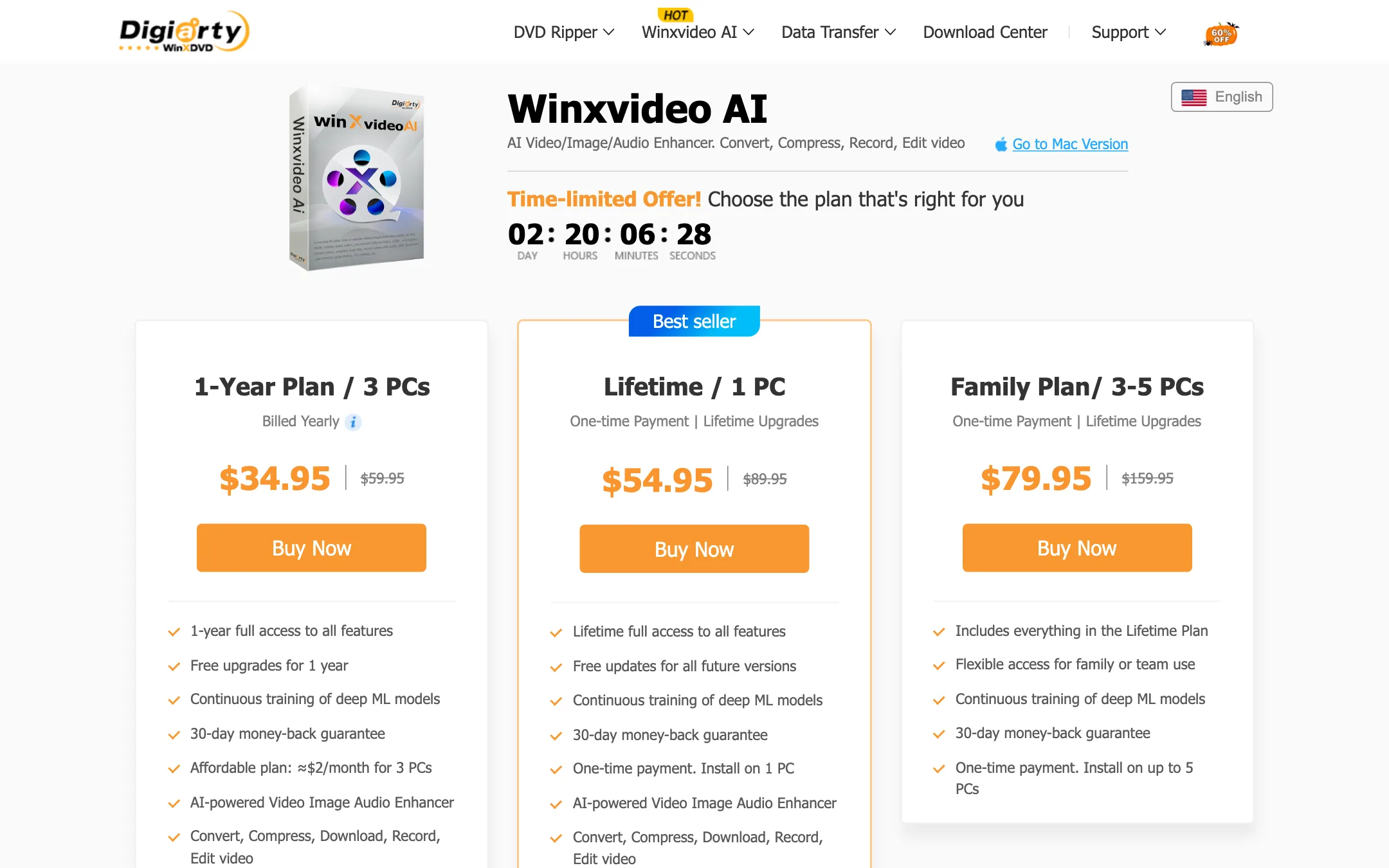 Winxvideo AI purchase page with 1-Year, Lifetime and Family plans