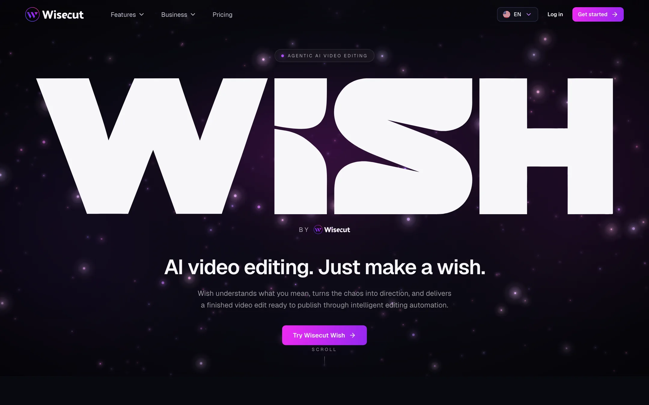 Wisecut WISH page headline: AI video editing. Just make a wish.