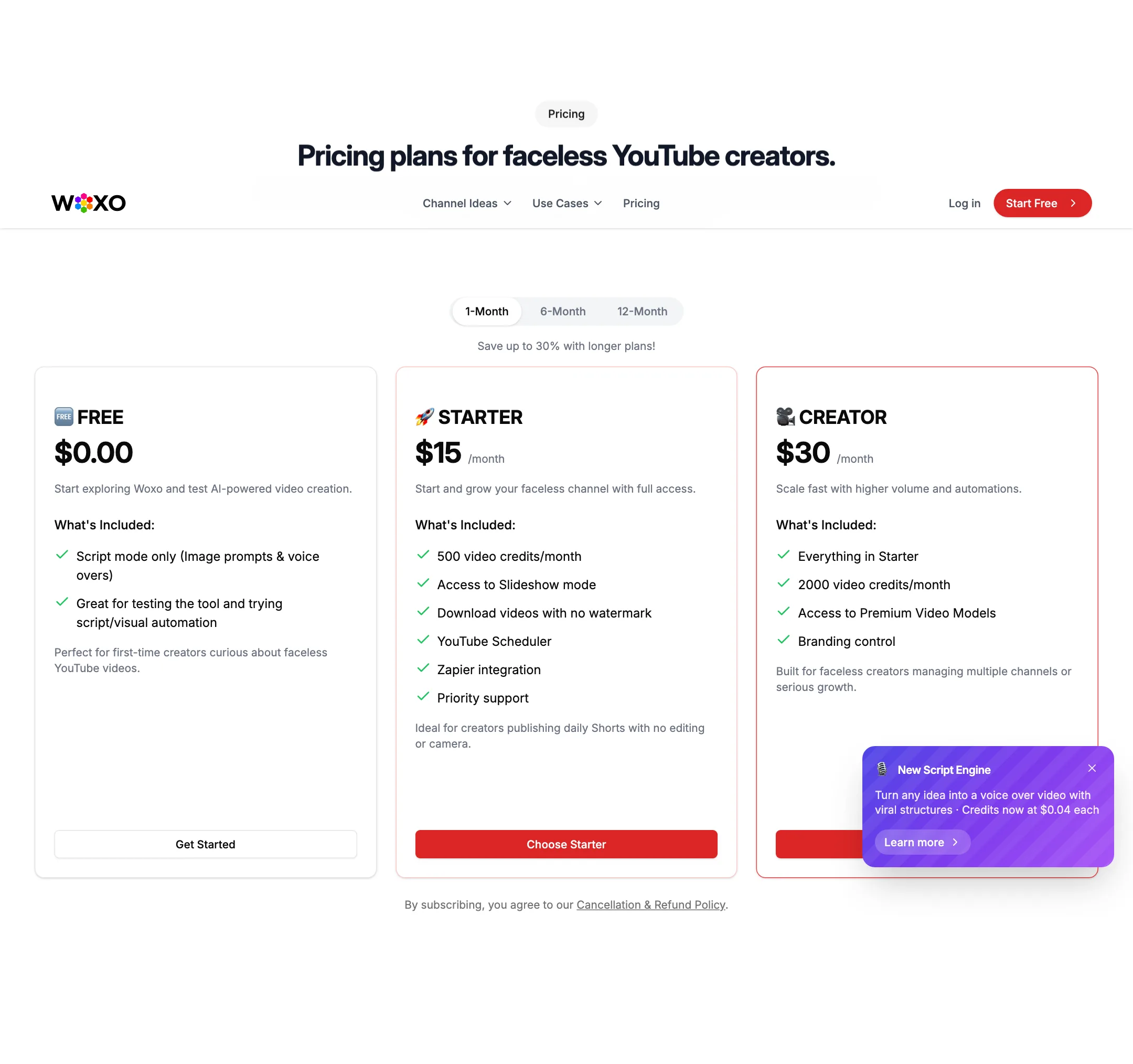 Woxo pricing page with Free, Starter and Creator plans