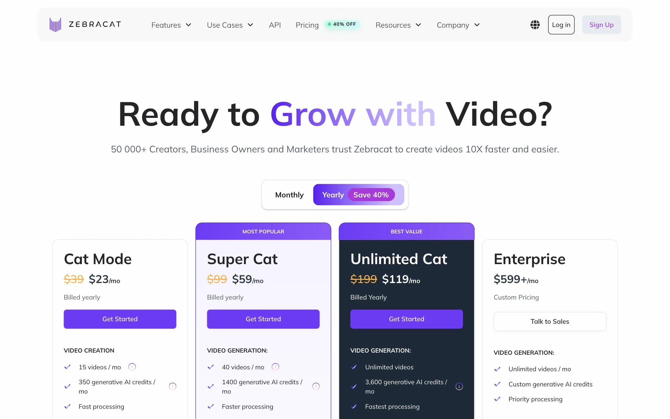Zebracat pricing page with Cat Mode, Super Cat, Unlimited Cat and Enterprise plans