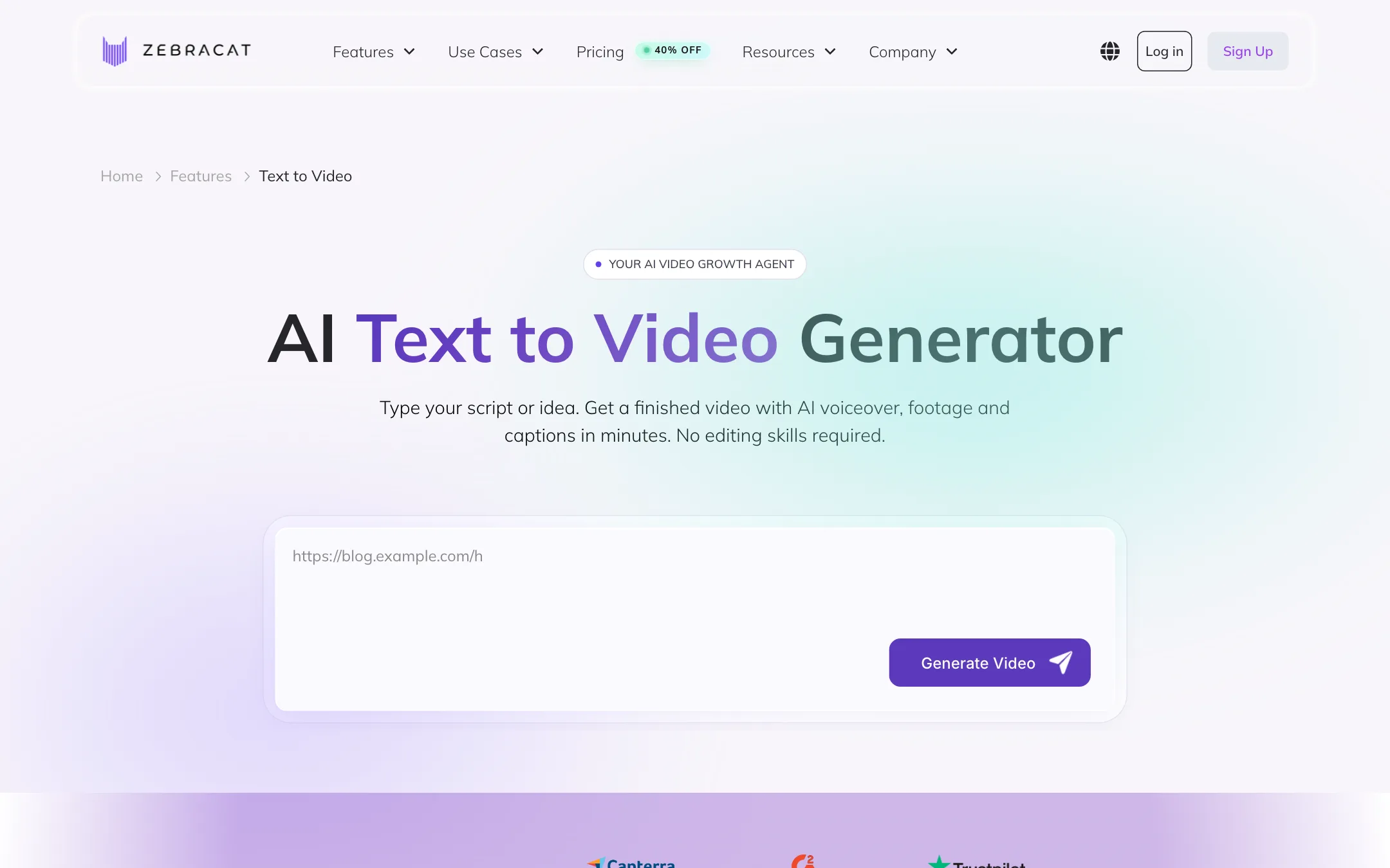 Zebracat text to video feature page with example prompts