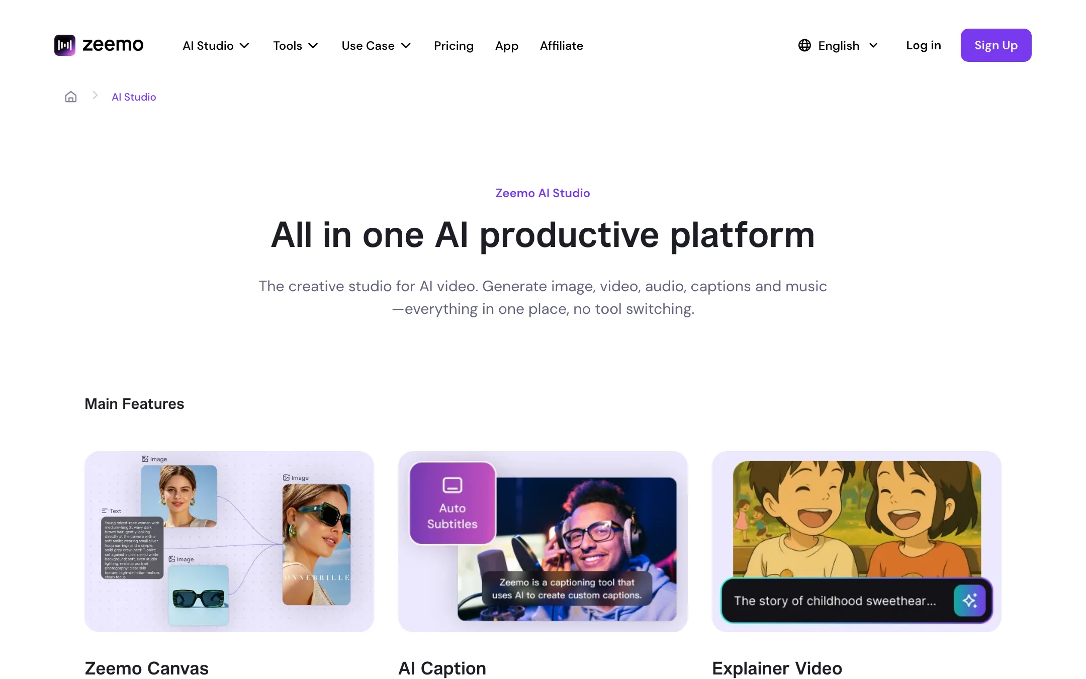 Zeemo AI Studio page listing Canvas, AI Caption and the video models