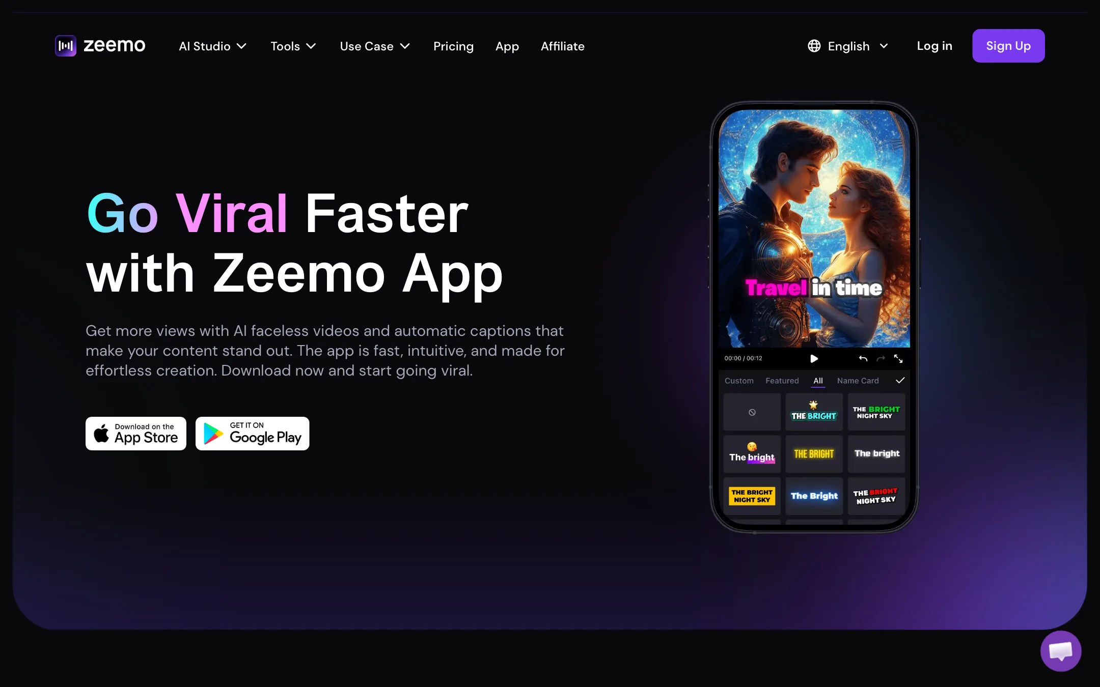 Zeemo App page with captions, translation and faceless video features