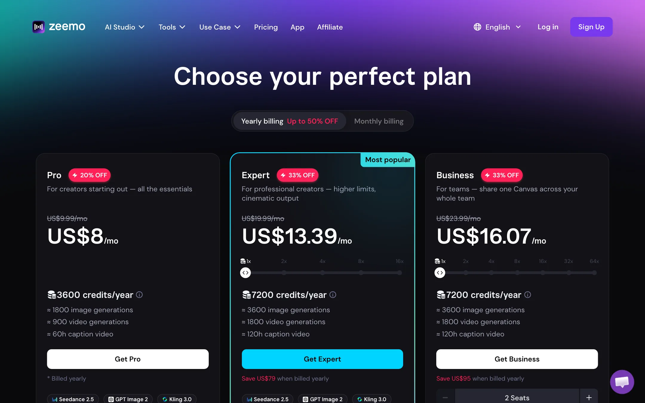Zeemo pricing page with Pro, Expert and Business plans