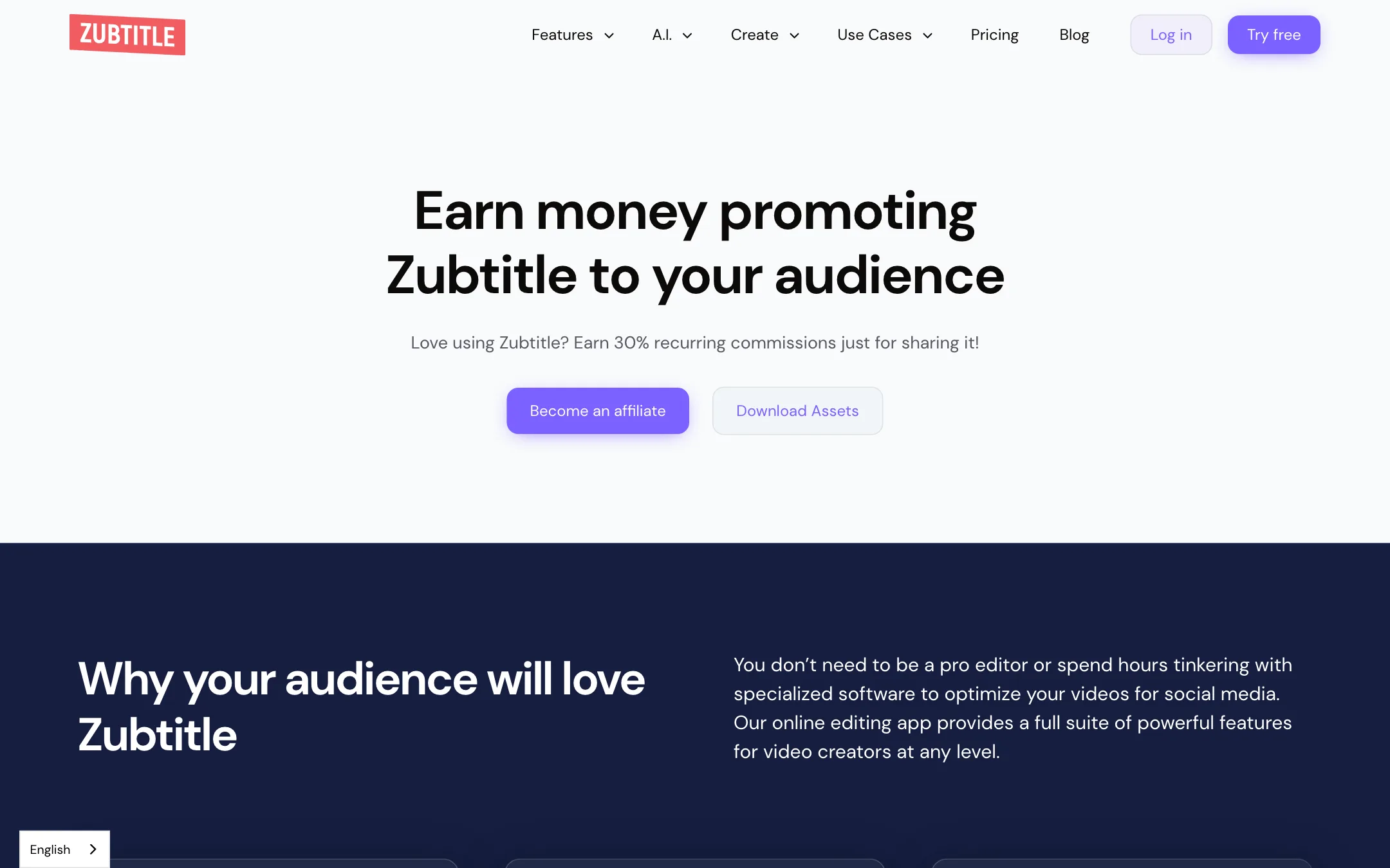 Zubtitle affiliate program page offering 30% recurring commissions