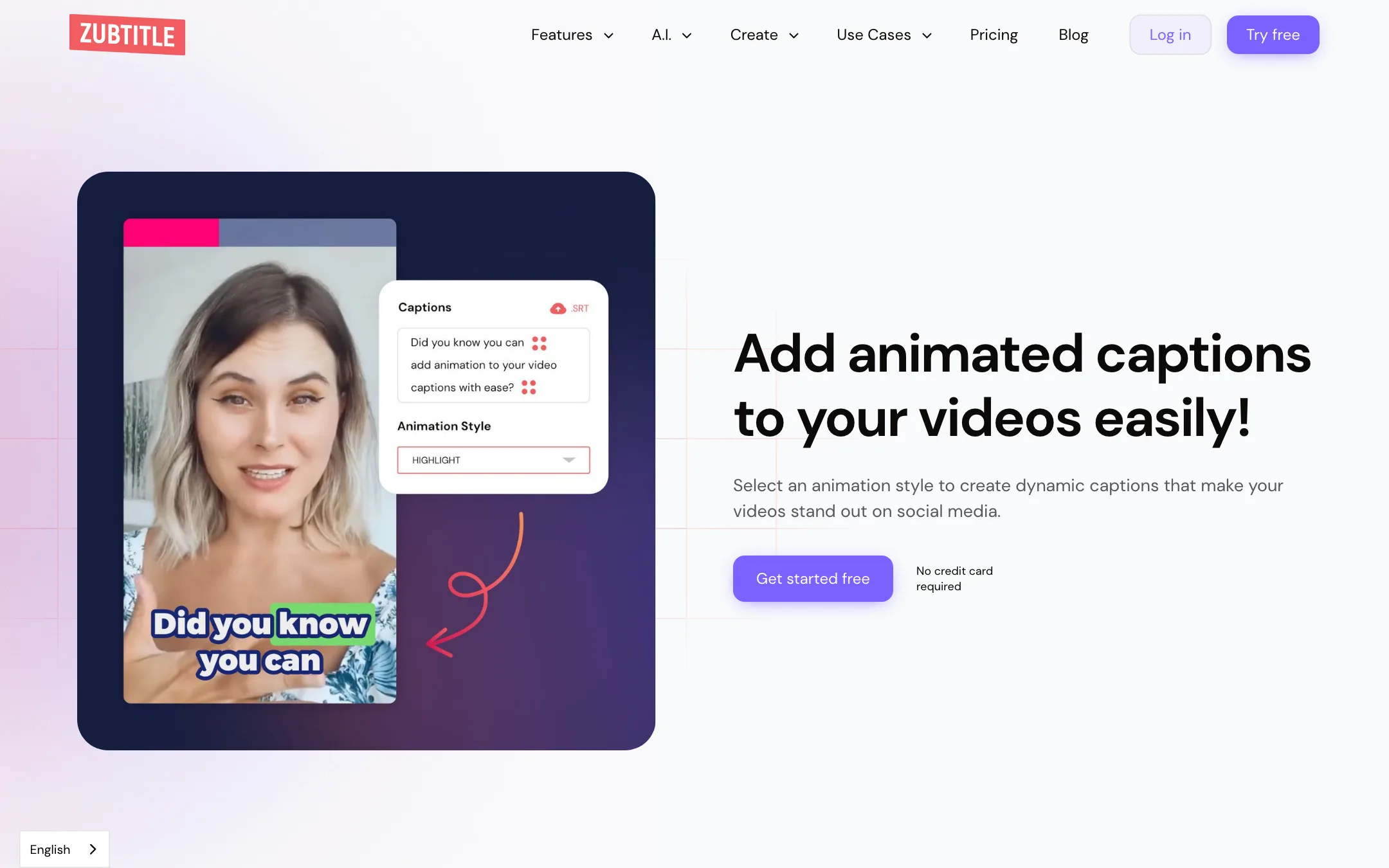 Zubtitle animated captions page showing a caption panel with a Highlight animation style