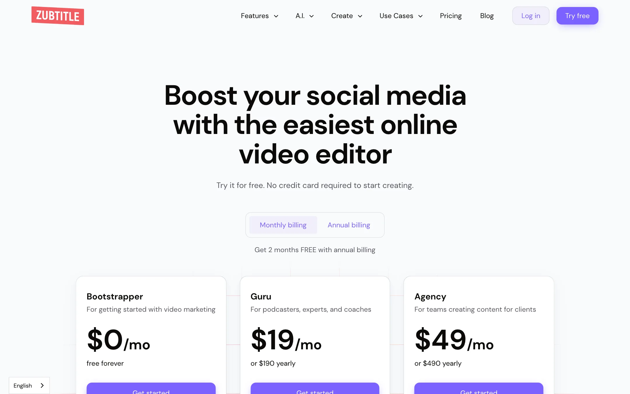 Zubtitle pricing page with Bootstrapper, Guru and Agency plans